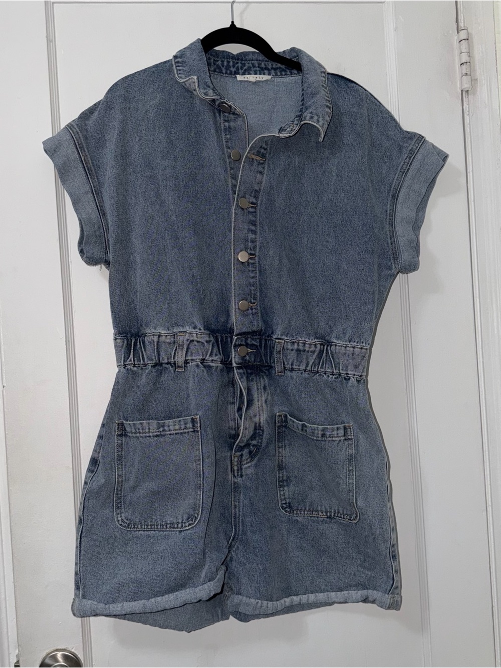 Denim Short Sleeve Romper - Washed Blue